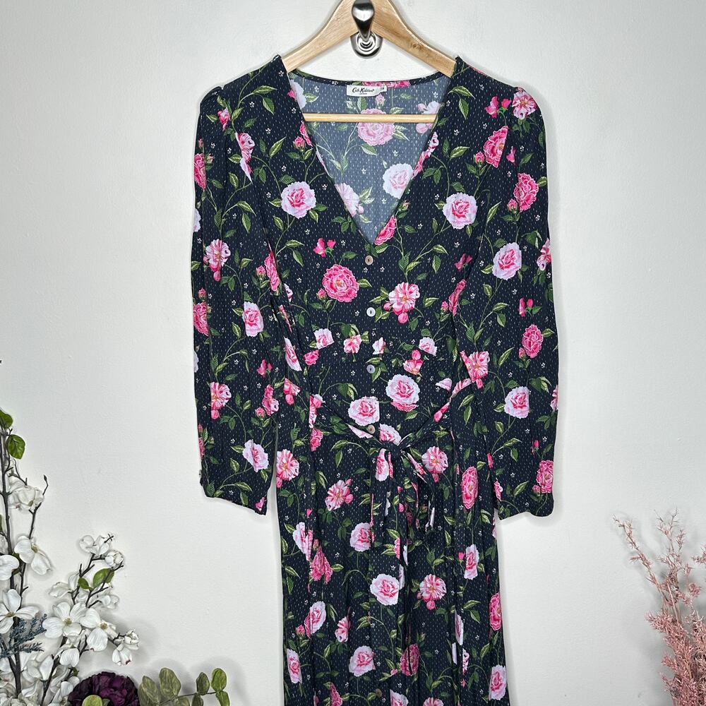 CATH KIDSTON Tea Rose Ruffle Midi Tea Dress Pink Navy Blue Sz 16 {MM37} - Picture 2 of 7